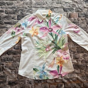 Chicos L Womens No Iron Tropic Print Shirt Button Front Floral NWOT 3/4 Sleeve